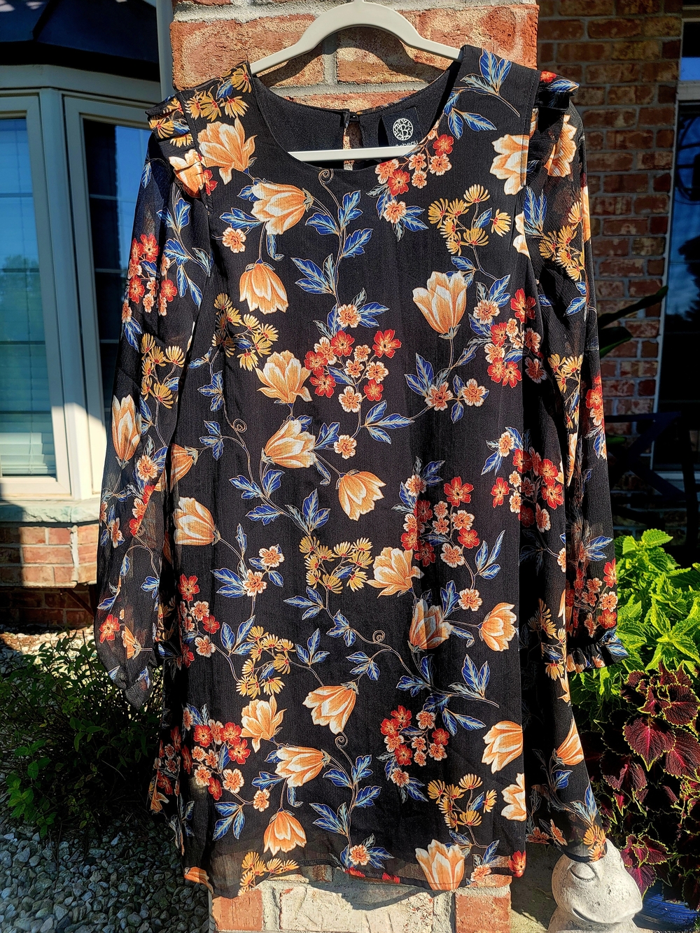 Women's bobeau Black Floral Midi Dress with Orange & Blue Blooms